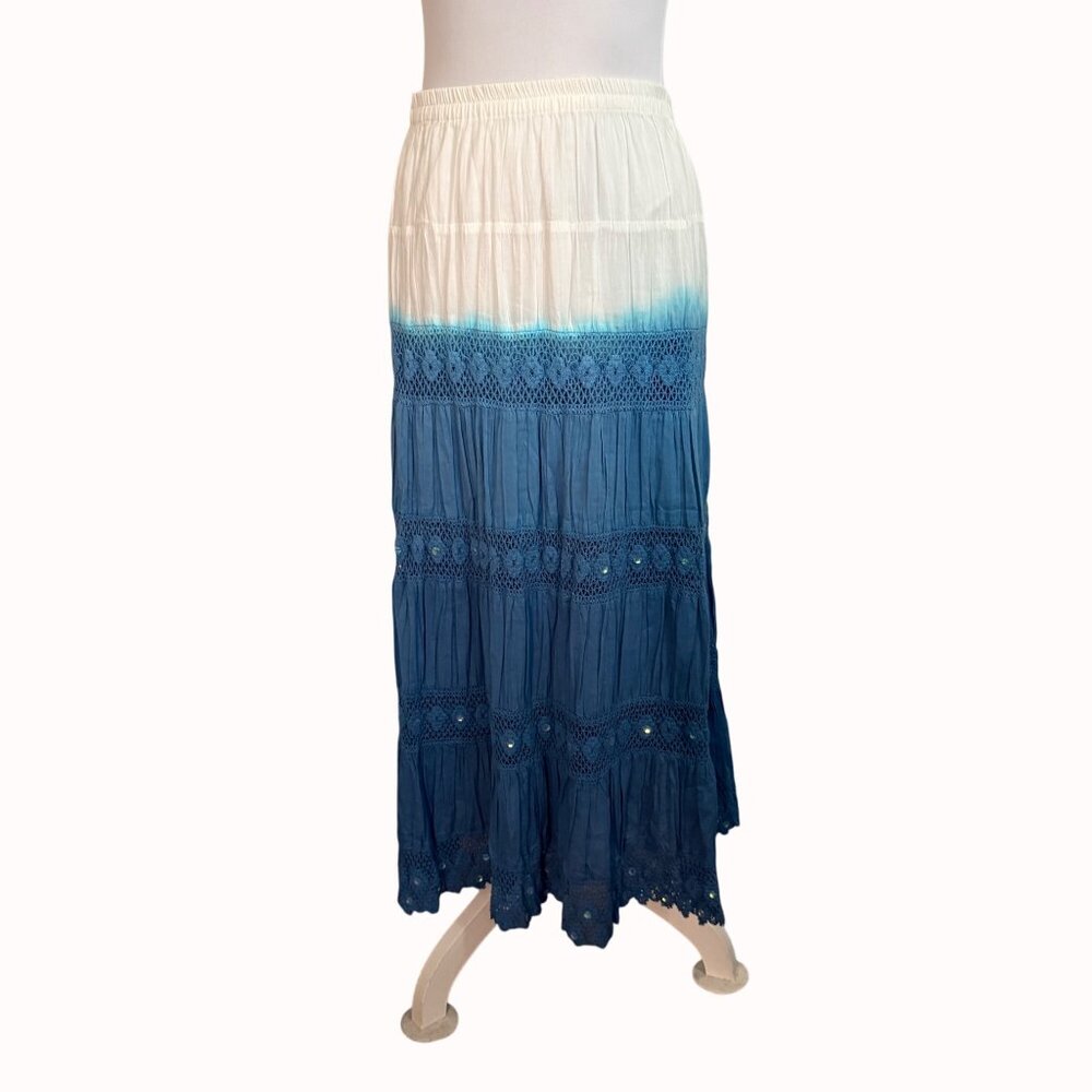 Boho Chic Broomstick Maxi Skirt By Elementz Size S Blue White Ombre Eyelet Sequi